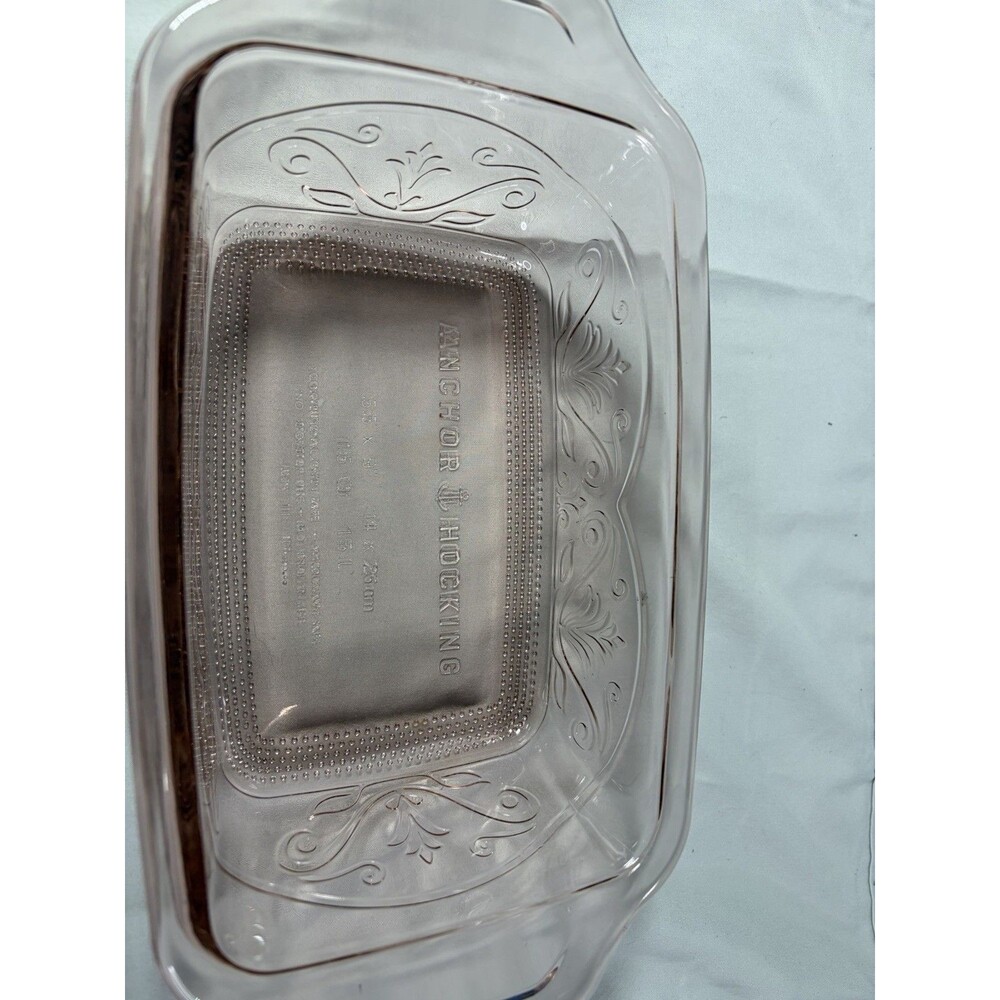 Anchor Hocking Laurel Rosewater Scrolled Pink Glass Loaf Pan 12” X 3” USA